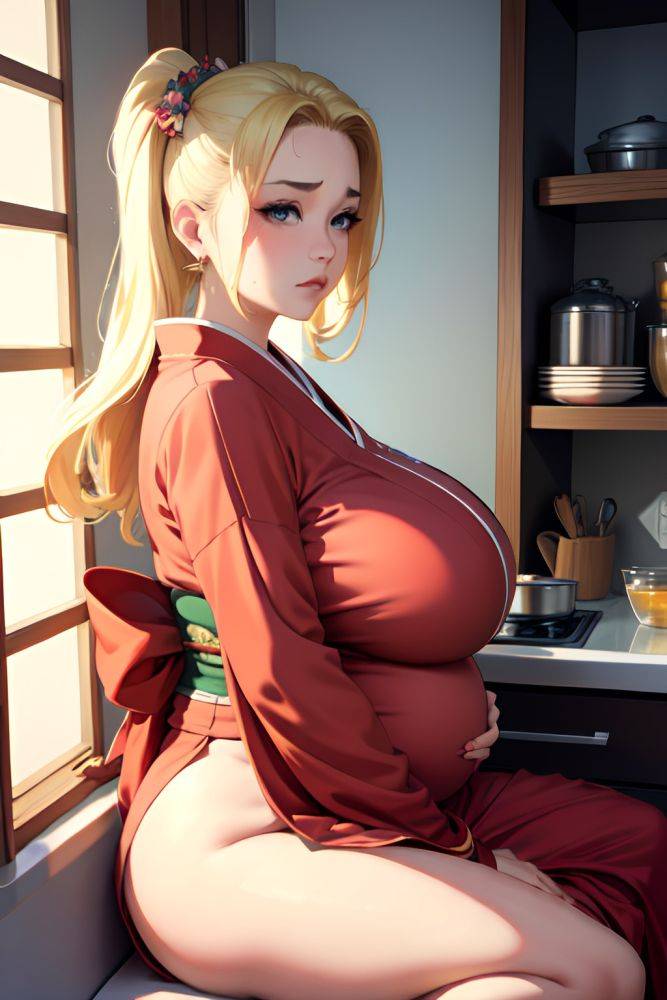 Anime Pregnant Huge Boobs 20s Age Sad Face Blonde Slicked Hair Style Light Skin Painting Kitchen Side View Spreading Legs Kimono 3687245318343123084 - AI Hentai - #main
