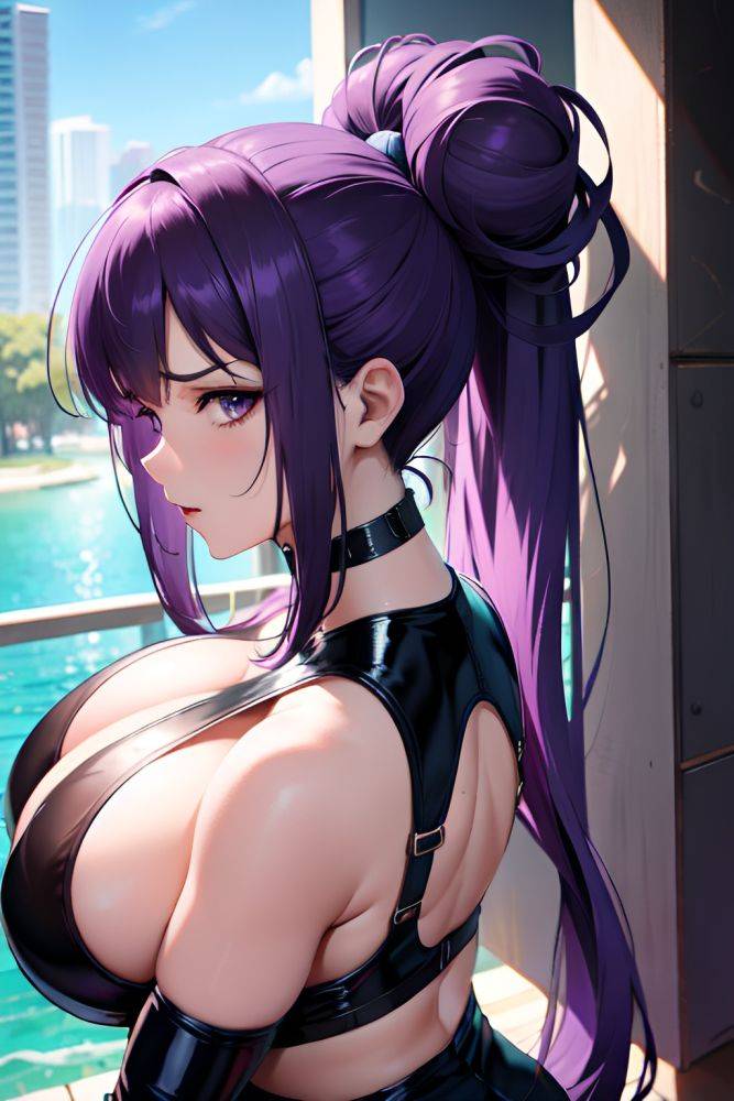 Anime Busty Huge Boobs 20s Age Angry Face Purple Hair Hair Bun Hair Style Dark Skin Cyberpunk Lake Side View On Back Latex 3687249180533785192 - AI Hentai - #main