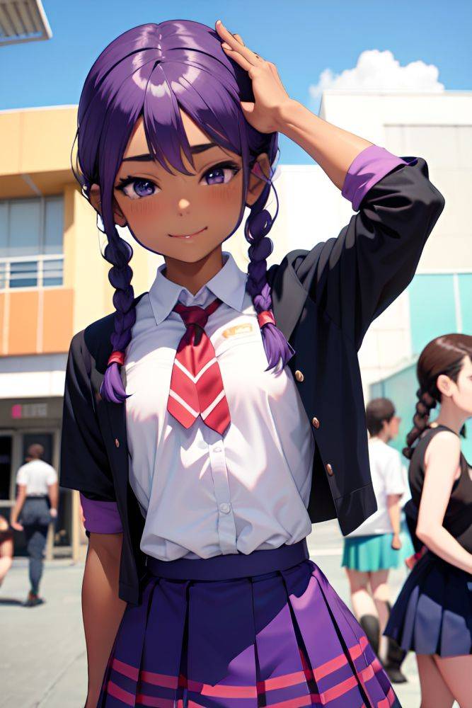 Anime Muscular Small Tits 30s Age Happy Face Purple Hair Braided Hair Style Dark Skin Crisp Anime Party Close Up View T Pose Schoolgirl 3687322625607788619 - AI Hentai - #main
