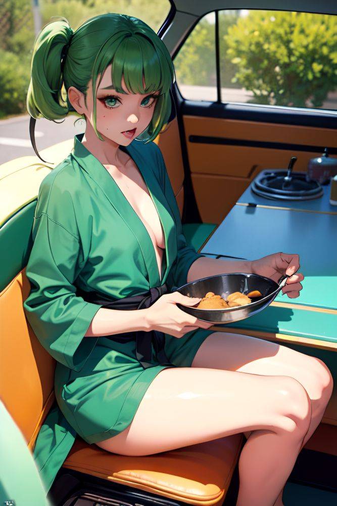Anime Skinny Small Tits 70s Age Ahegao Face Green Hair Bangs Hair Style Light Skin Vintage Car Front View Cooking Bathrobe 3687318760813303636 - AI Hentai - #main