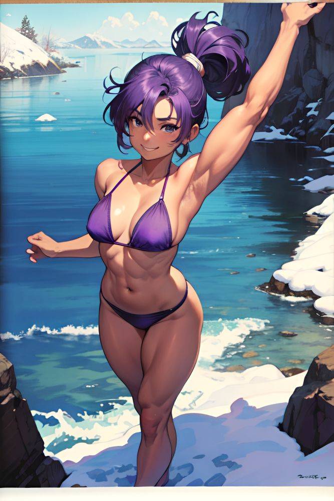 Anime Muscular Small Tits 50s Age Happy Face Purple Hair Messy Hair Style Dark Skin Watercolor Snow Front View On Back Bikini 3687411531431794744 - AI Hentai - #main