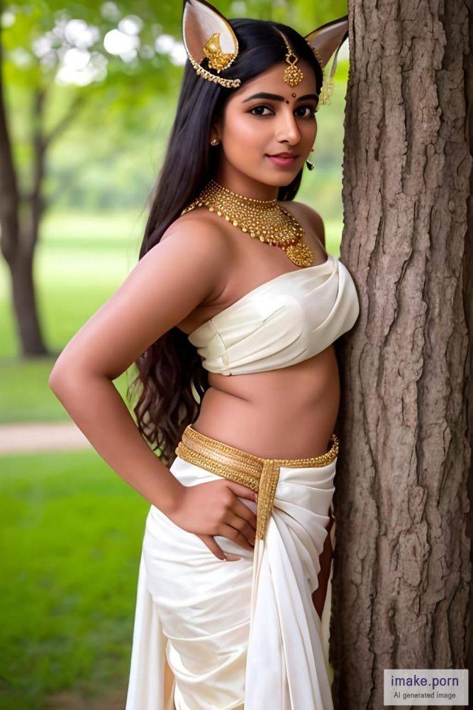 indian girl with fox ears and tail with gold jewels and in white... - #main