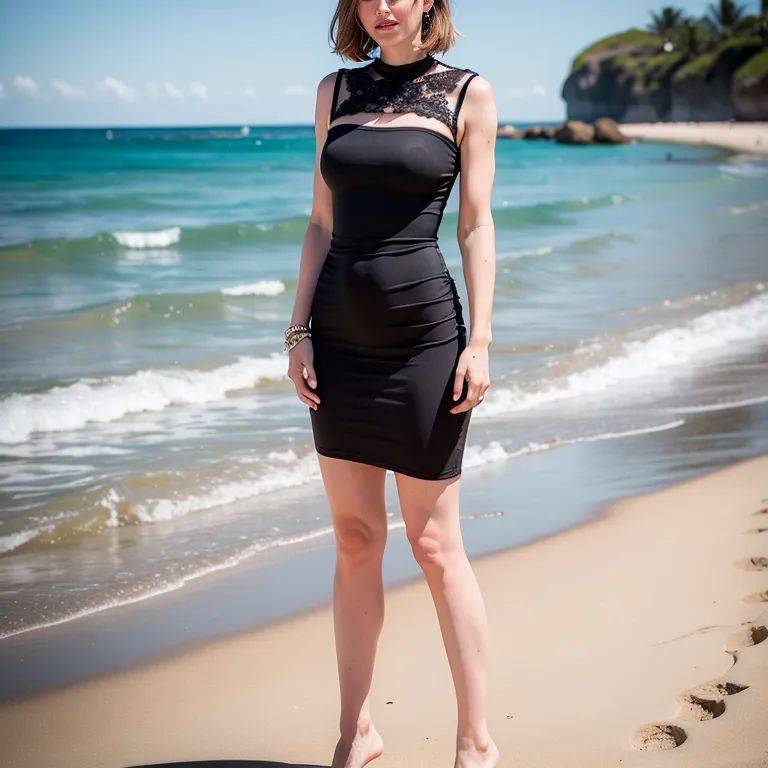 ,white people,woman,thirties,(RAW photo, best quality, masterpiece:1.1), (realistic, photo-realistic:1.2), ultra-detailed, ultra high res, physically-based rendering,cool,Black dress,daytime,beach,front view,(adult:1.5) - #main