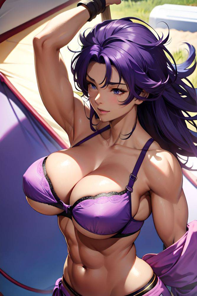 Anime Muscular Huge Boobs 80s Age Happy Face Purple Hair Messy Hair Style Dark Skin Warm Anime Tent Side View Jumping Bra 3683232957678301013 - AI Hentai - #main