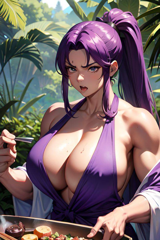 Anime Muscular Huge Boobs 18 Age Angry Face Purple Hair Ponytail Hair Style Dark Skin Vintage Jungle Close Up View Cooking Bathrobe 3683314134170957337 - AI Hentai - #main