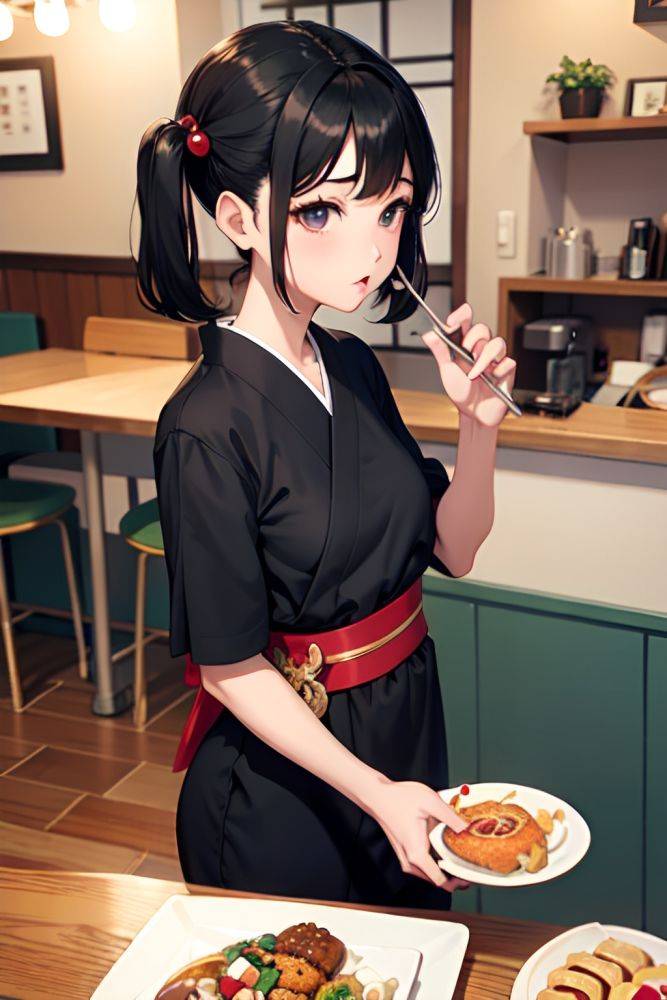 Anime Busty Small Tits 50s Age Sad Face Black Hair Pigtails Hair Style Light Skin Warm Anime Cafe Front View Eating Geisha 3687662788168482747 - AI Hentai - #main