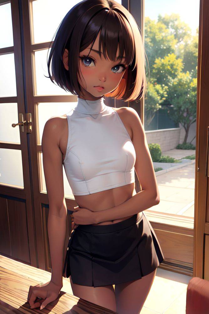 Anime Skinny Small Tits 18 Age Pouting Lips Face Ginger Bobcut Hair Style Dark Skin Soft + Warm Kitchen Front View Plank Mini Skirt 3687670519109682327 - AI Hentai - #main