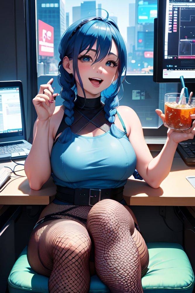 Anime Chubby Small Tits 30s Age Laughing Face Blue Hair Braided Hair Style Light Skin Cyberpunk Office Close Up View Eating Fishnet 3687825137913314989 - AI Hentai - #main