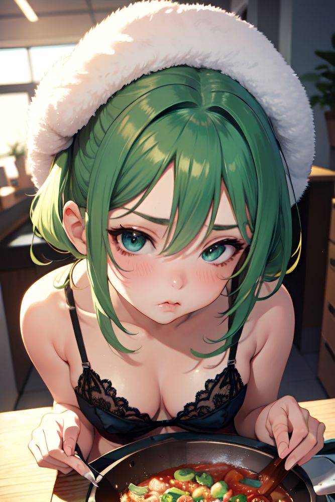 Anime Busty Small Tits 80s Age Pouting Lips Face Green Hair Slicked Hair Style Light Skin Soft + Warm Office Close Up View Cooking Lingerie 3689920224613632119 - AI Hentai - #main