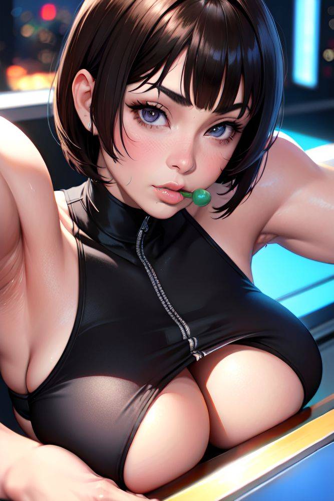 Anime Muscular Huge Boobs 80s Age Pouting Lips Face Brunette Bobcut Hair Style Light Skin Cyberpunk Oasis Close Up View Eating Teacher 3690152150083970743 - AI Hentai - #main