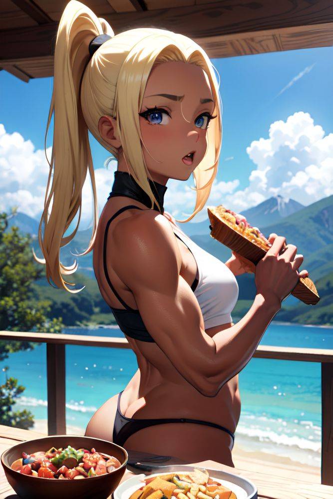 Anime Muscular Small Tits 20s Age Shocked Face Blonde Slicked Hair Style Dark Skin Black And White Mountains Front View Eating Schoolgirl 3690163749261960835 - AI Hentai - #main