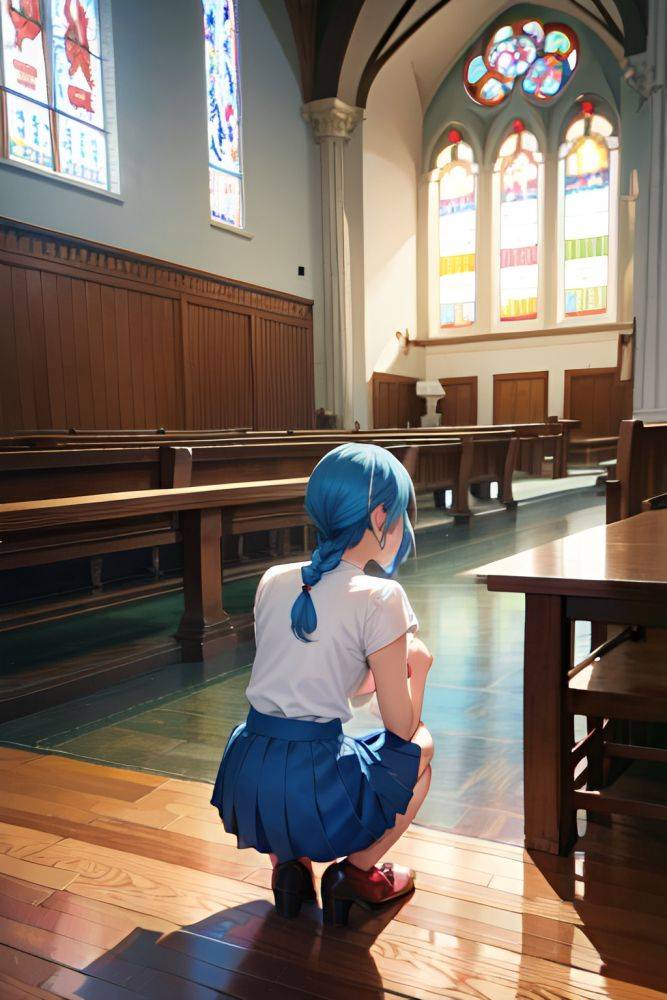 Anime Skinny Small Tits 50s Age Laughing Face Blue Hair Braided Hair Style Light Skin Vintage Church Back View Squatting Mini Skirt 3690368619032517674 - AI Hentai - #main