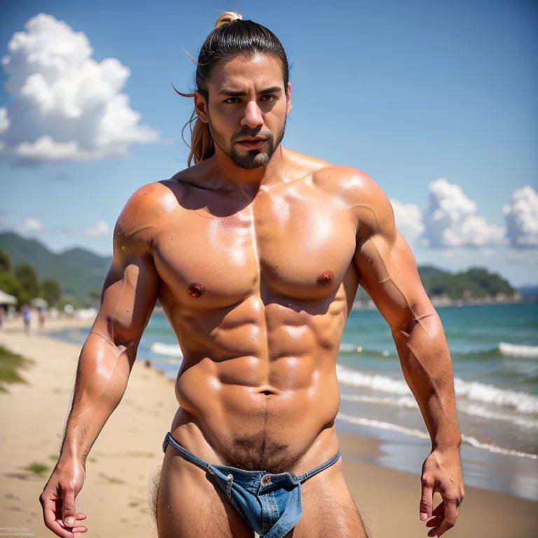 , latino,manly man,twenties,(RAW photo, best quality, masterpiece:1.1), (realistic, photo-realistic:1.2), ultra-detailed, ultra high res, physically-based rendering,pony tail,blonde hair,perfect body,(tan:1.2),(wet:1.1),front view,full body,(adult:1.5) - #main