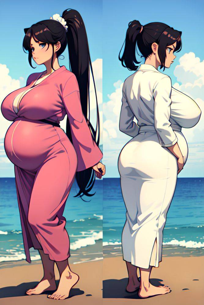 Anime Pregnant Huge Boobs 80s Age Serious Face Black Hair Ponytail Hair Style Light Skin Soft Anime Desert Back View T Pose Bathrobe 3690724242483391693 - AI Hentai - #main