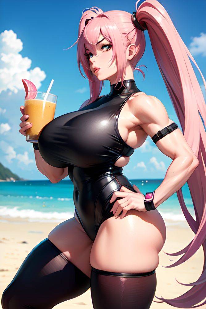 Anime Muscular Huge Boobs 30s Age Pouting Lips Face Pink Hair Pigtails Hair Style Light Skin Cyberpunk Beach Front View Eating Goth 3690963901489734991 - AI Hentai - #main