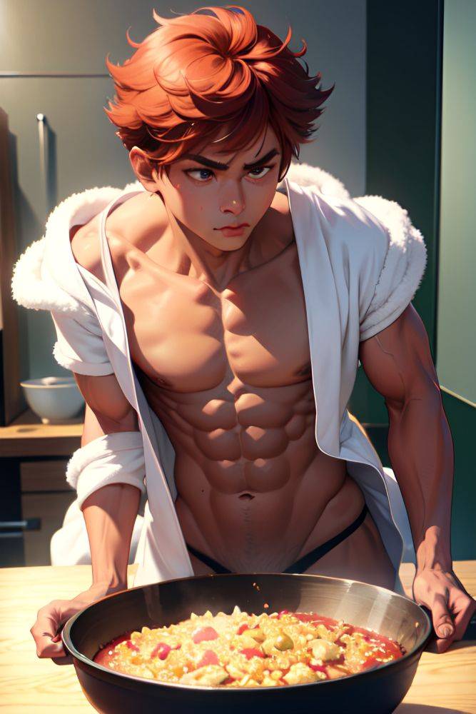 Anime Muscular Small Tits 80s Age Pouting Lips Face Ginger Pixie Hair Style Dark Skin Soft Anime Bedroom Side View Cooking Bathrobe 3691033480132348113 - AI Hentai - #main