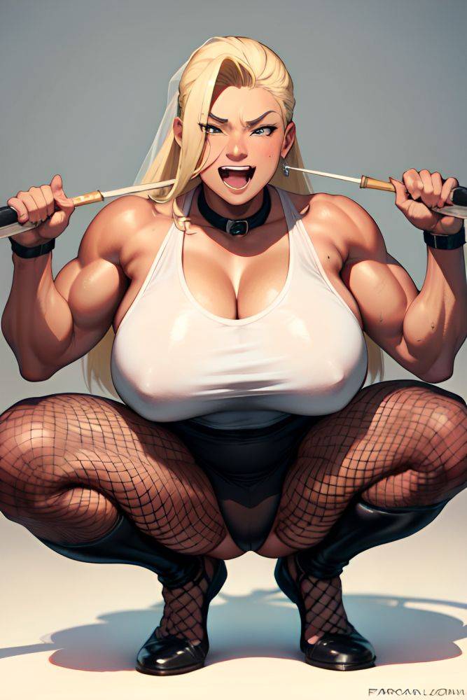 Anime Muscular Huge Boobs 30s Age Laughing Face Blonde Slicked Hair Style Dark Skin Watercolor Wedding Front View Squatting Fishnet 3691056672955961035 - AI Hentai - #main