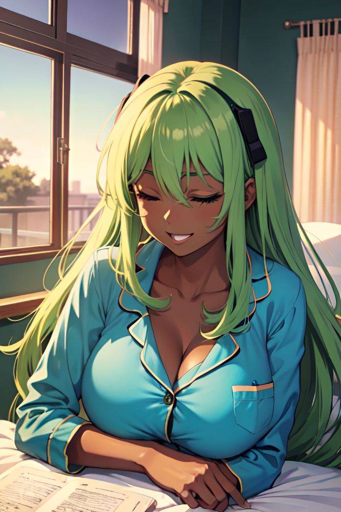 Anime Skinny Huge Boobs 70s Age Laughing Face Green Hair Straight Hair Style Dark Skin Illustration Hospital Side View Sleeping Pajamas 3691141713309207898 - AI Hentai - #main