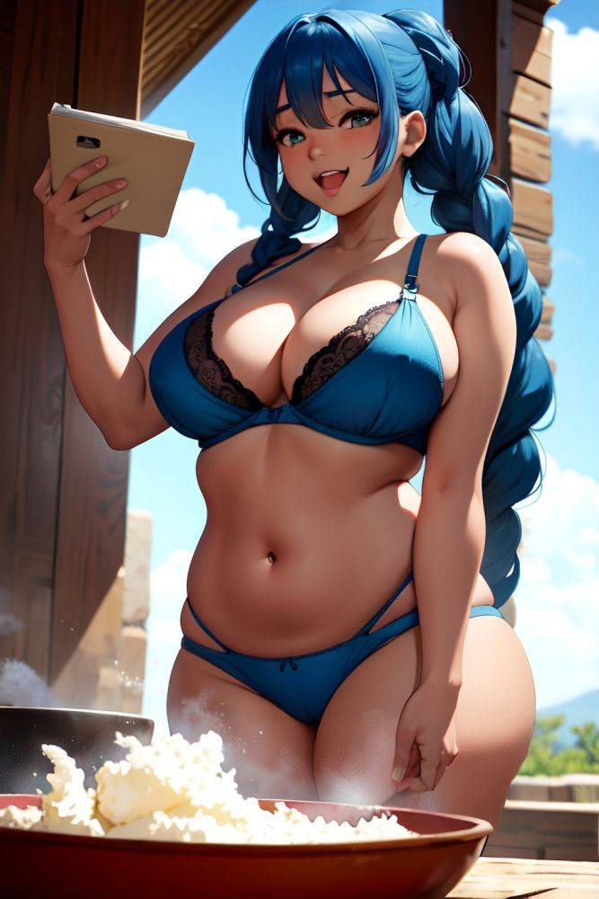 Anime Chubby Huge Boobs 18 Age Laughing Face Blue Hair Braided Hair Style Dark Skin Skin Detail (beta) Desert Close Up View Cooking Bra 3687856061698873373 - AI Hentai - #main