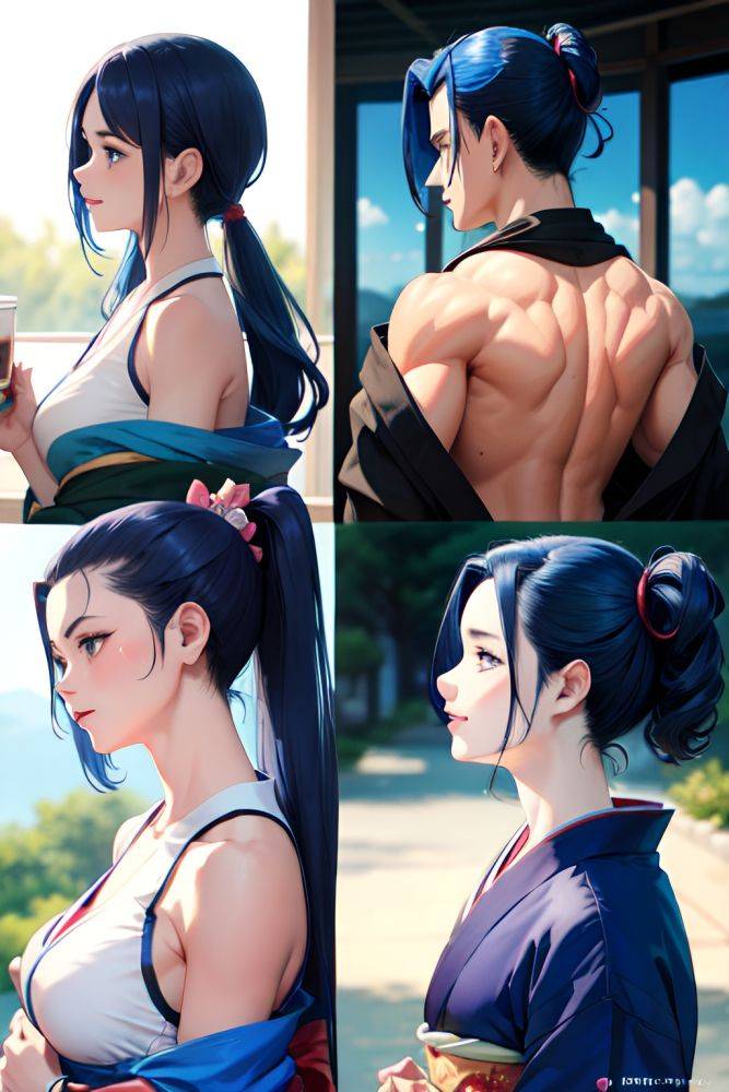 Anime Muscular Small Tits 30s Age Laughing Face Blue Hair Slicked Hair Style Dark Skin Crisp Anime Cafe Back View On Back Kimono 3687941102052223362 - AI Hentai - #main