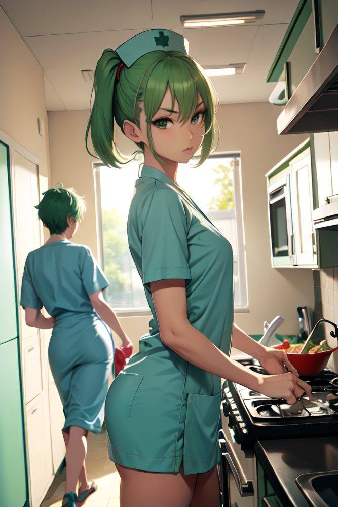 Anime Skinny Small Tits 60s Age Serious Face Green Hair Messy Hair Style Light Skin Crisp Anime Hospital Side View Cooking Nurse 3687995218640876398 - AI Hentai - #main