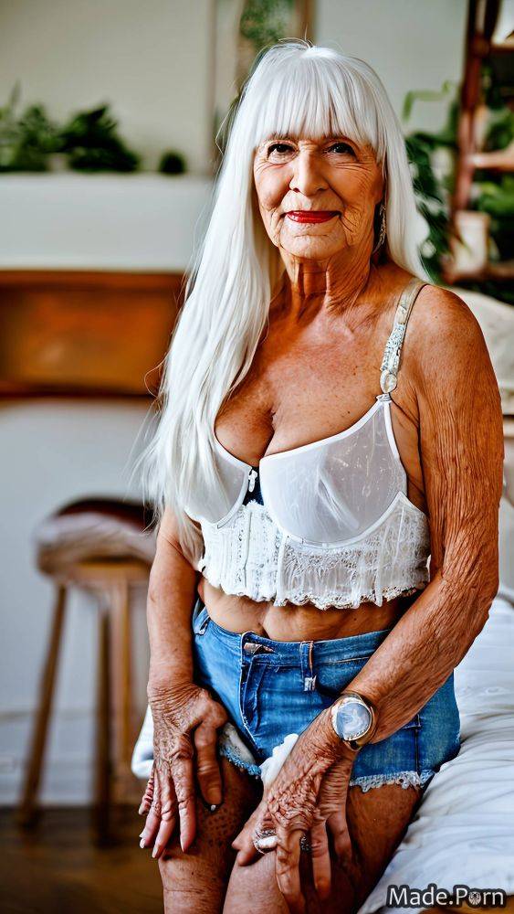90 made white hair woman caucasian bangs hair indoors AI porn - #main