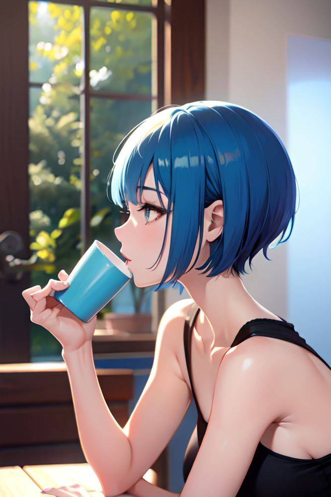 Anime Skinny Small Tits 40s Age Happy Face Blue Hair Bobcut Hair Style Light Skin Soft + Warm Party Side View Eating Goth 3691211289013794122 - AI Hentai - #main