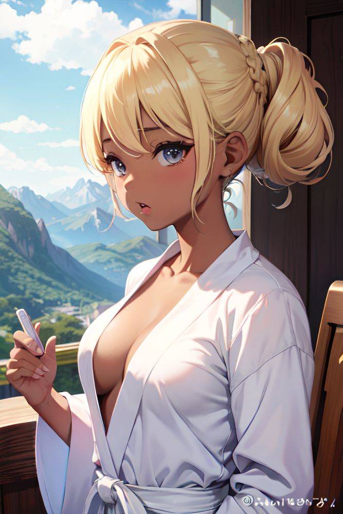 Anime Busty Small Tits 50s Age Shocked Face Blonde Hair Bun Hair Style Dark Skin Illustration Mountains Close Up View Working Out Bathrobe 3691226753490671914 - AI Hentai - #main
