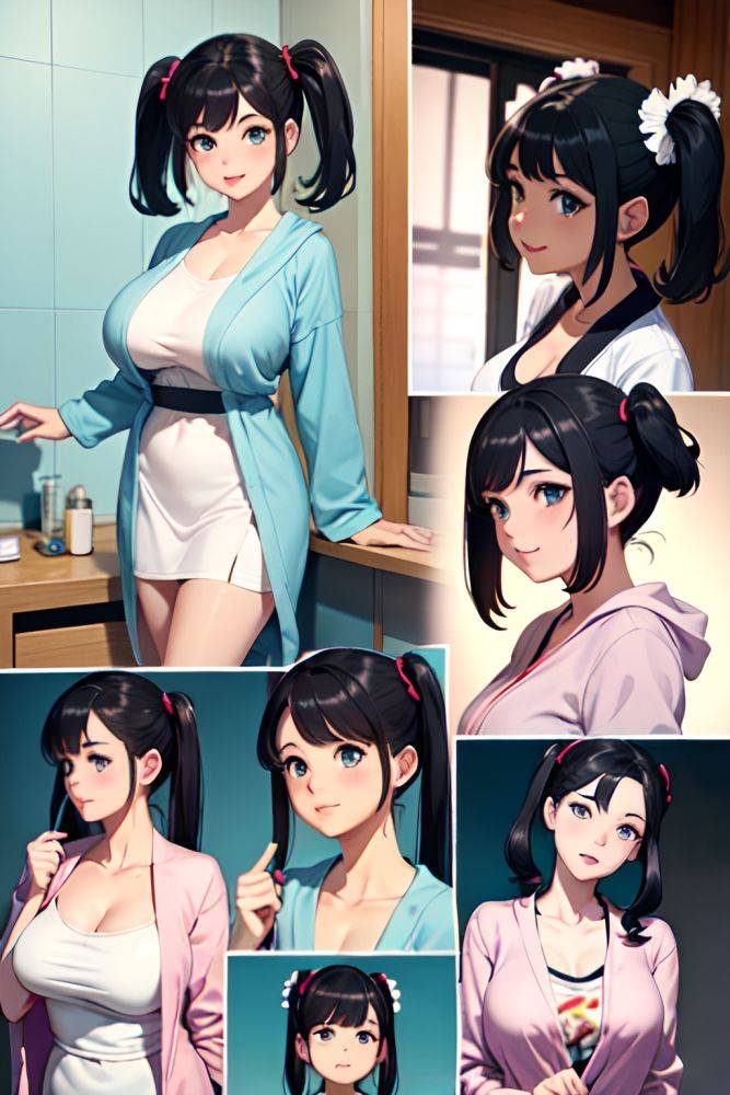 Anime Skinny Huge Boobs 20s Age Happy Face Black Hair Pigtails Hair Style Light Skin Vintage Shower Side View Jumping Bathrobe 3691323390255692742 - AI Hentai - #main