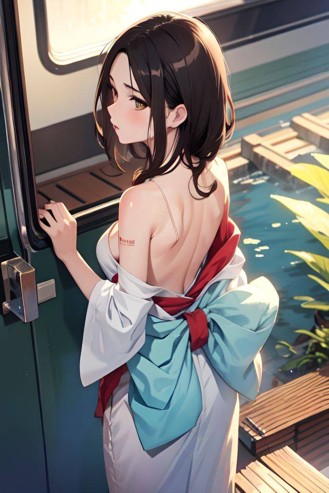 Anime Skinny Small Tits 30s Age Sad Face Brunette Messy Hair Style Light Skin Watercolor Train Back View Bathing Kimono 3691582376785704339 - AI Hentai - #main