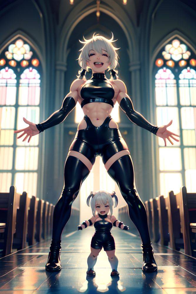 Anime Muscular Small Tits 18 Age Laughing Face White Hair Pigtails Hair Style Light Skin Cyberpunk Church Front View T Pose Latex 3691636493545699050 - AI Hentai - #main