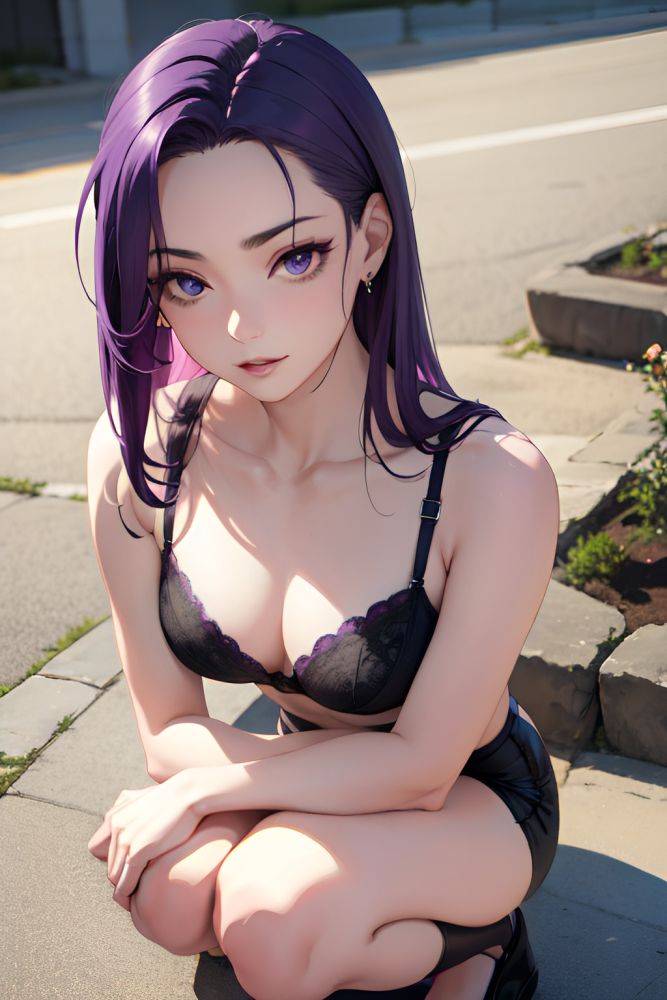 Anime Skinny Small Tits 20s Age Happy Face Purple Hair Slicked Hair Style Light Skin Dark Fantasy Oasis Close Up View Squatting Bra 3691984385727746052 - AI Hentai - #main