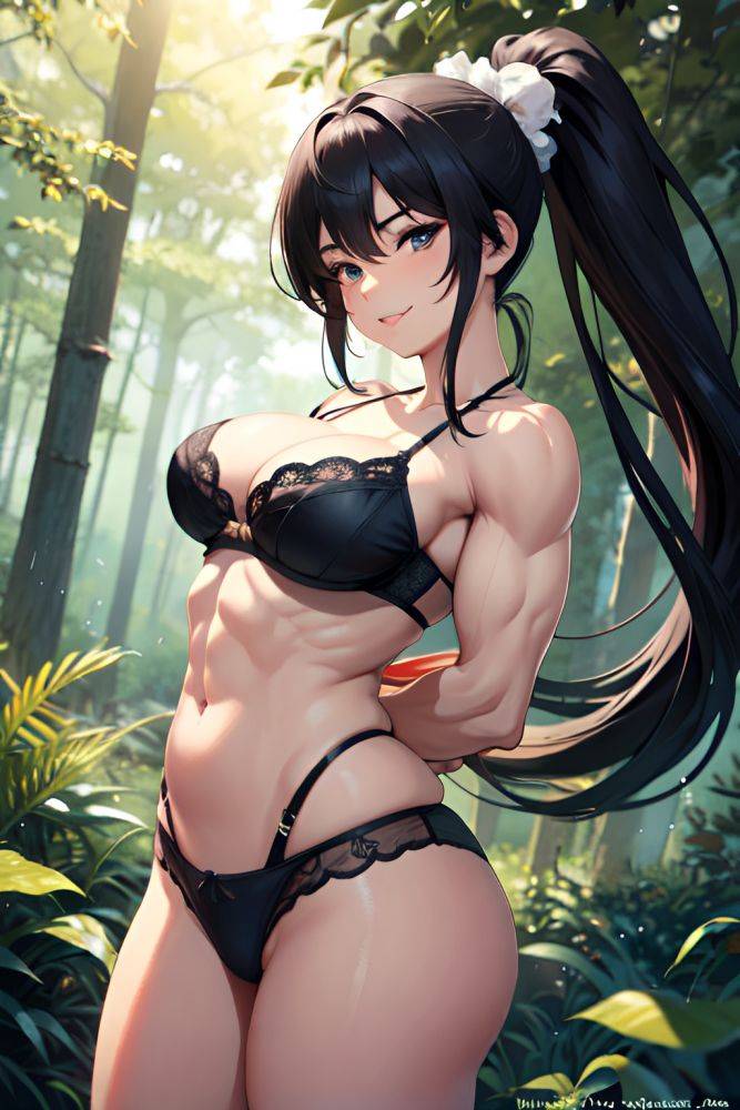 Anime Muscular Huge Boobs 20s Age Happy Face Black Hair Ponytail Hair Style Light Skin Warm Anime Forest Front View On Back Lingerie 3692583533670288535 - AI Hentai - #main