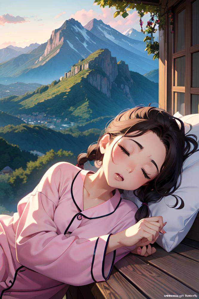 Anime Busty Small Tits 80s Age Ahegao Face Brunette Braided Hair Style Light Skin Illustration Mountains Front View Sleeping Pajamas 3688447477561534793 - AI Hentai - #main
