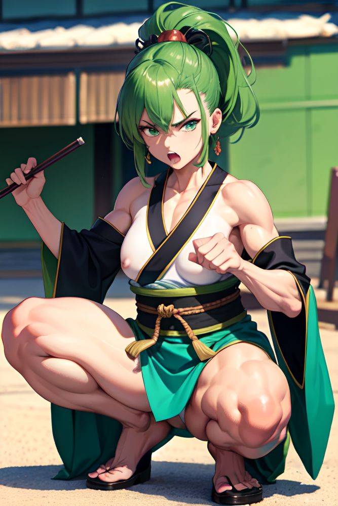 Anime Muscular Small Tits 20s Age Angry Face Green Hair Slicked Hair Style Light Skin Dark Fantasy Party Front View Squatting Kimono 3688563444446157270 - AI Hentai - #main