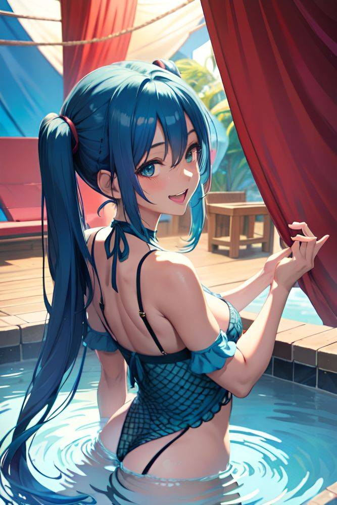 Anime Busty Small Tits 20s Age Laughing Face Blue Hair Pigtails Hair Style Dark Skin Warm Anime Tent Back View Bathing Fishnet 3688810834565162708 - AI Hentai - #main