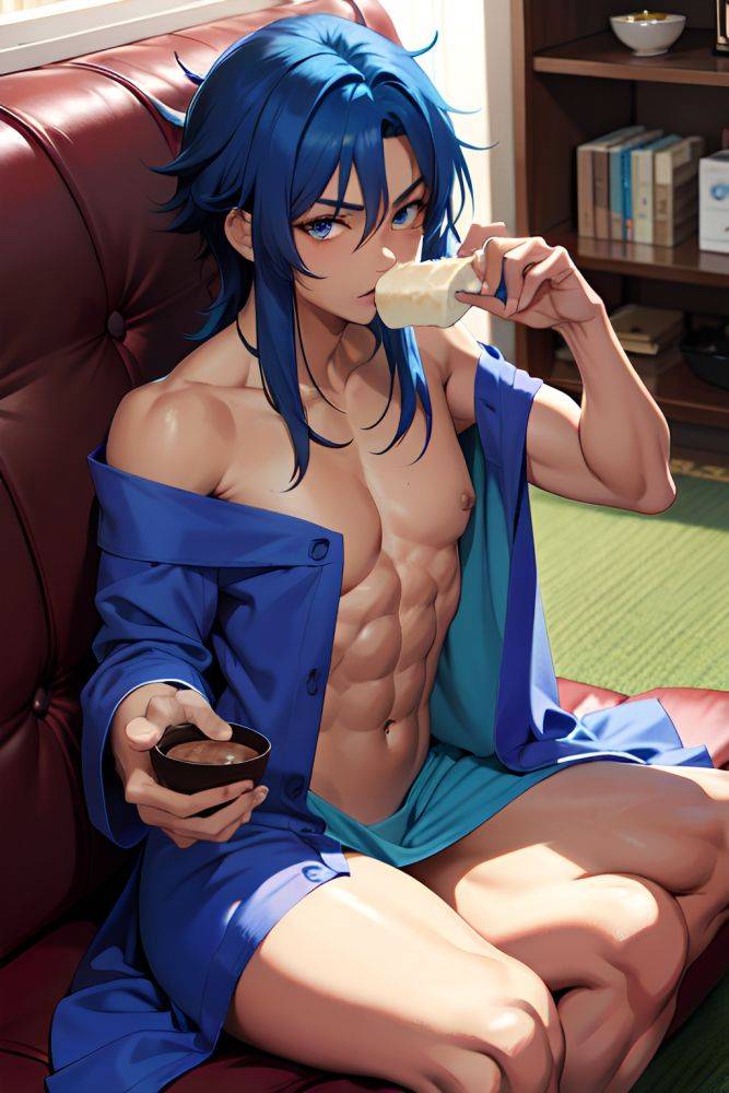 Anime Muscular Small Tits 20s Age Seductive Face Blue Hair Messy Hair Style Dark Skin Dark Fantasy Couch Front View Eating Bathrobe 3688861085683039150 - AI Hentai - #main