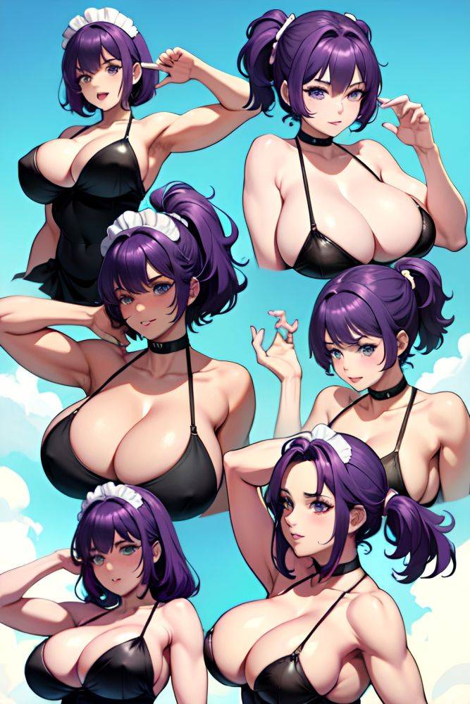 Anime Muscular Huge Boobs 80s Age Happy Face Purple Hair Pixie Hair Style Light Skin Charcoal Stage Side View On Back Maid 3689143262254676248 - AI Hentai - #main