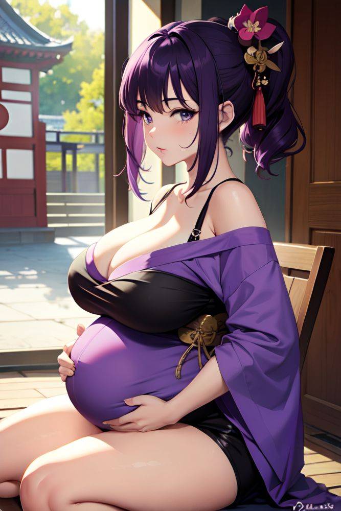 Anime Pregnant Huge Boobs 30s Age Sad Face Purple Hair Pixie Hair Style Dark Skin Crisp Anime Bar Side View Eating Geisha 3689162592373850712 - AI Hentai - #main