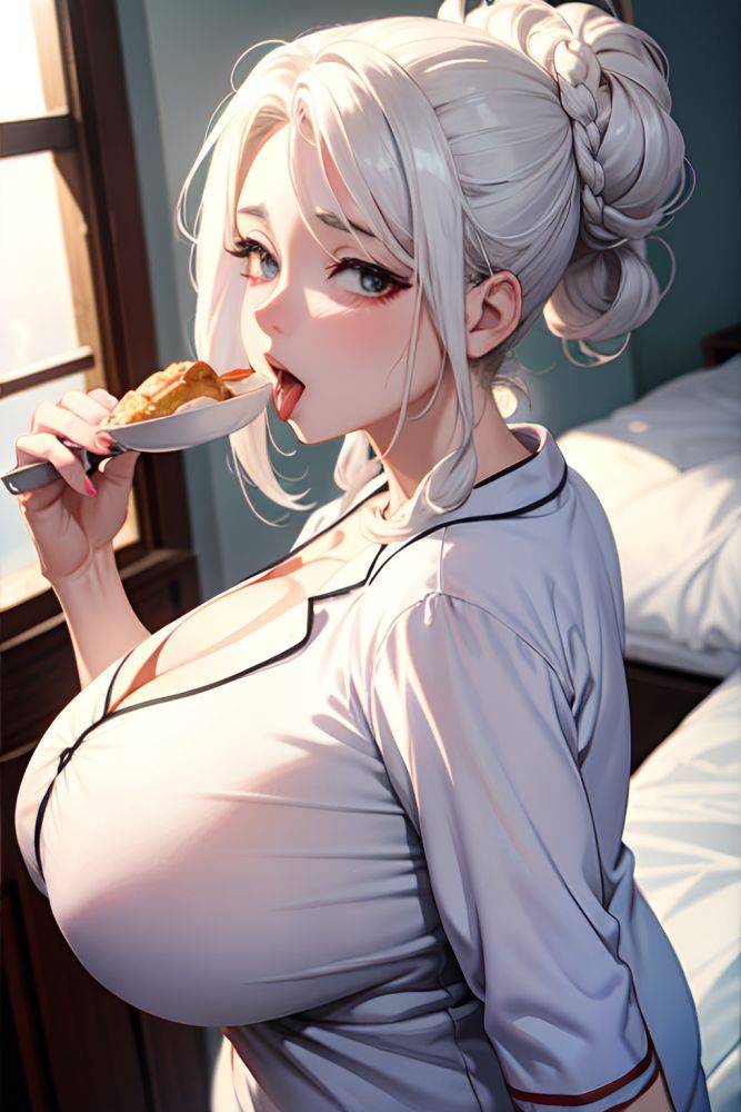 Anime Busty Huge Boobs 30s Age Orgasm Face White Hair Hair Bun Hair Style Light Skin Vintage Snow Back View Eating Pajamas 3689208977866205697 - AI Hentai - #main
