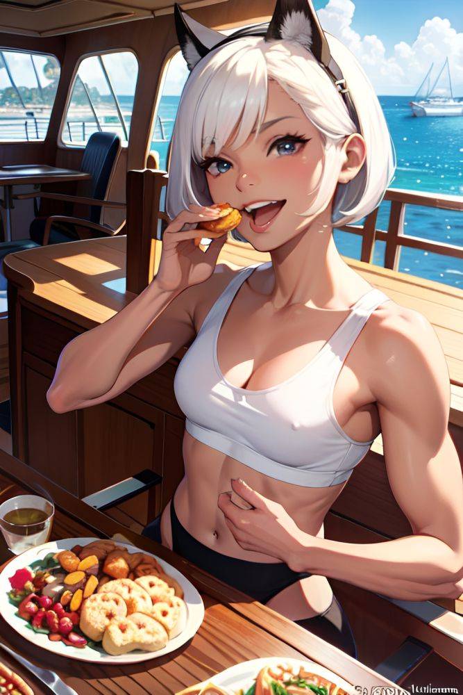 Anime Muscular Small Tits 60s Age Laughing Face White Hair Pixie Hair Style Dark Skin Illustration Yacht Front View Eating Schoolgirl 3689232170689855984 - AI Hentai - #main