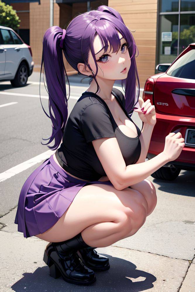 Anime Busty Huge Boobs 30s Age Pouting Lips Face Purple Hair Pigtails Hair Style Dark Skin Comic Club Side View Squatting Mini Skirt 3696862608492924364 - AI Hentai - #main