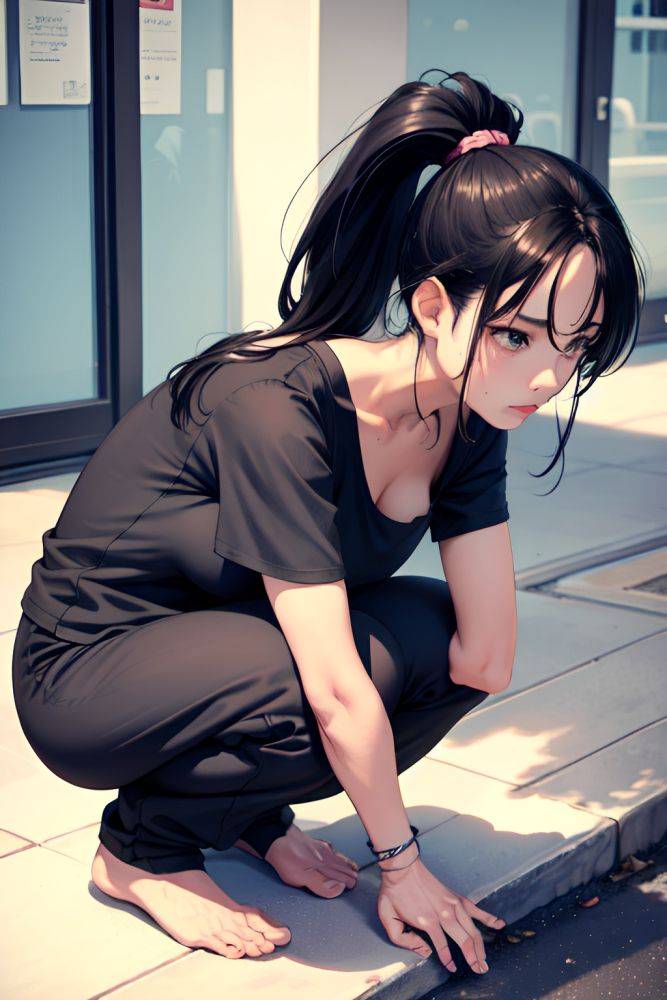 Anime Skinny Small Tits 80s Age Sad Face Black Hair Ponytail Hair Style Light Skin Charcoal Cafe Close Up View Squatting Pajamas 3696885801316514260 - AI Hentai - #main