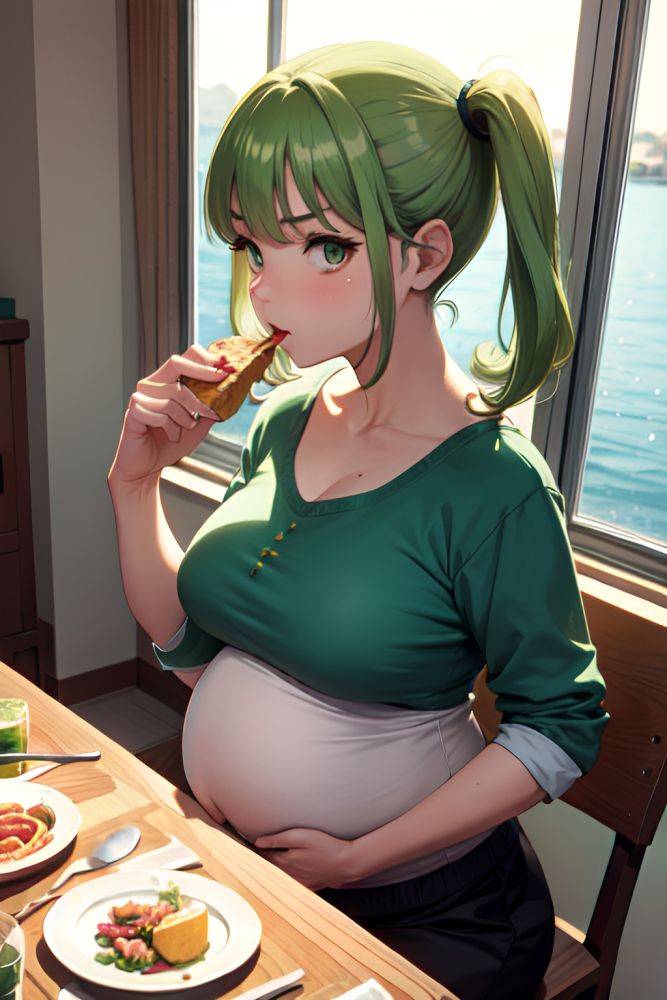 Anime Pregnant Small Tits 60s Age Serious Face Green Hair Pigtails Hair Style Light Skin Watercolor Yacht Close Up View Eating Teacher 3696955379940970309 - AI Hentai - #main