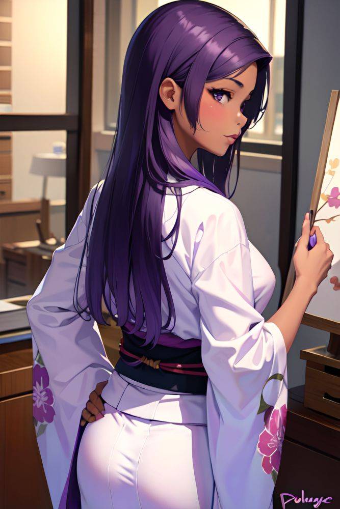 Anime Skinny Small Tits 30s Age Pouting Lips Face Purple Hair Straight Hair Style Dark Skin Painting Office Back View On Back Kimono 3697299404676313442 - AI Hentai - #main