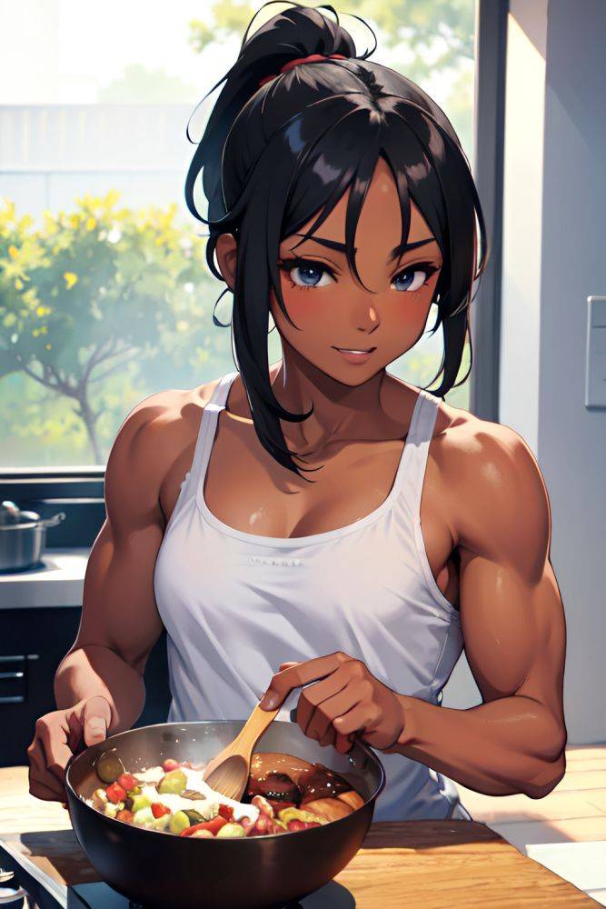 Anime Muscular Small Tits 20s Age Happy Face Black Hair Ponytail Hair Style Dark Skin Illustration Oasis Close Up View Cooking Pajamas 3697307137611129659 - AI Hentai - #main