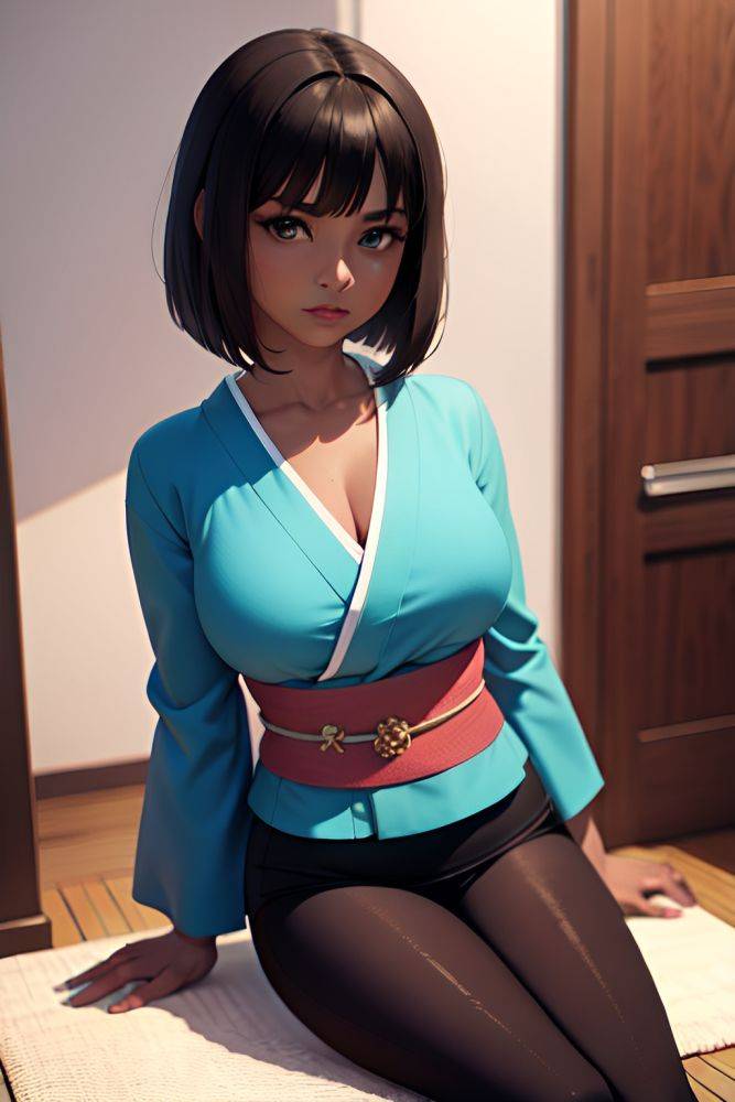 Anime Busty Small Tits 60s Age Serious Face Brunette Bobcut Hair Style Dark Skin 3d Office Close Up View Yoga Kimono 3697384448201471514 - AI Hentai - #main