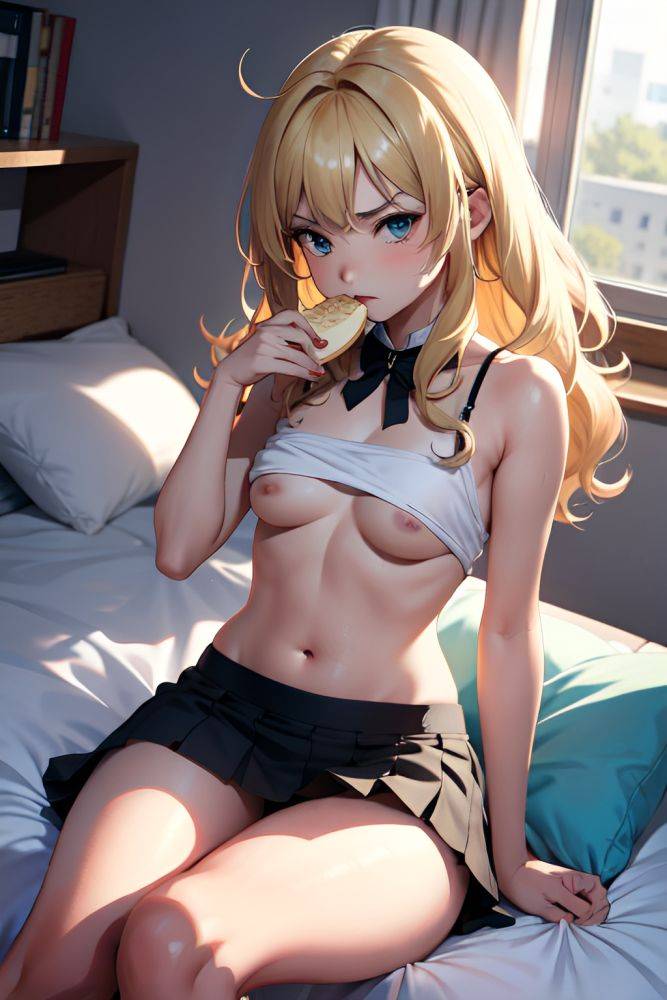 Anime Busty Small Tits 20s Age Serious Face Blonde Messy Hair Style Light Skin Comic Bedroom Side View Eating Mini Skirt 3697593183527085916 - AI Hentai - #main