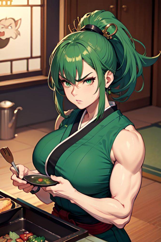 Anime Muscular Huge Boobs 50s Age Angry Face Green Hair Ponytail Hair Style Dark Skin Vintage Casino Front View Cooking Geisha 3697701416696044583 - AI Hentai - #main