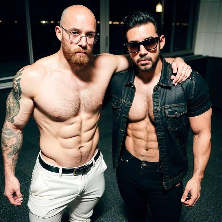 ,white people,(2men:2), manly man,elder,bald,black hair,hair behind ear,green eyes,beautiful,angry,Looking at viewer,huge ass,perfect body,tattoo,(wet:1.1),abs,gloves,sunglasses,boots,(silk),short sleeves,nude,white shirt,having - #main